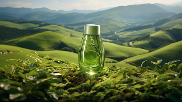 Огромный полупрозрачный зеленый косметический продукт плавно вписывается в яркие холмистые холмы чайной плантации