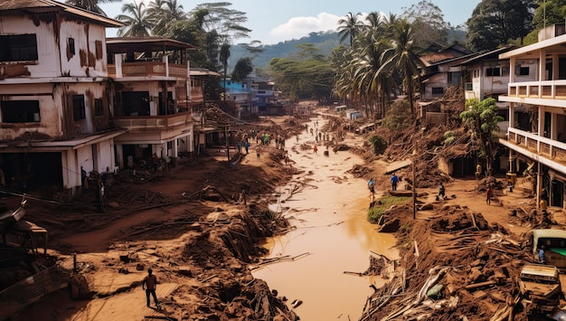 Overstromingen in een Afrikaans land waarbij wegen zijn weggespoeld, huizen zijn beschadigd en stapels vuilnis