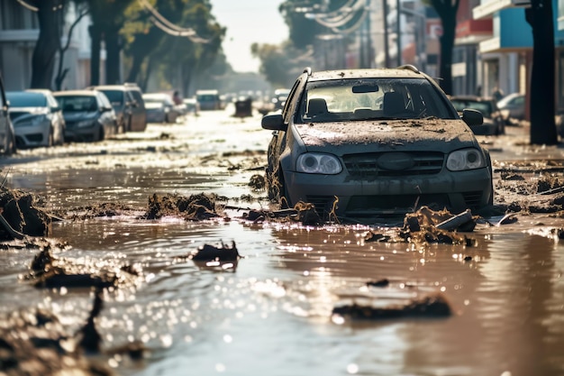 Overstroomde auto's op straat Vuil en vernietiging na natuurlijke overstromingsramp Generatieve AI-illustratie