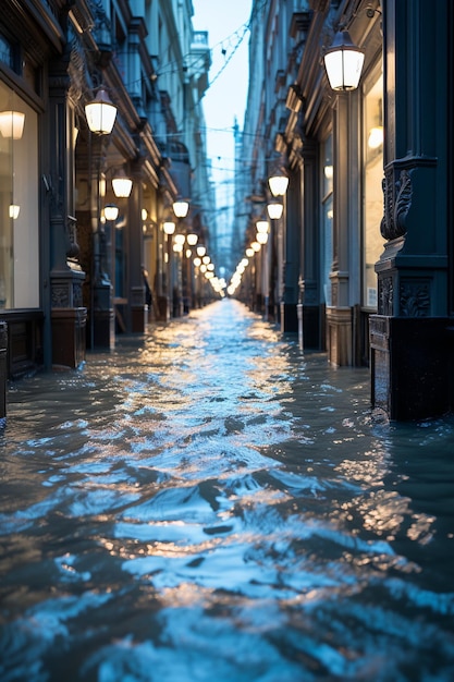 overstroomde stad HD 8K behang Stock Fotografische afbeelding