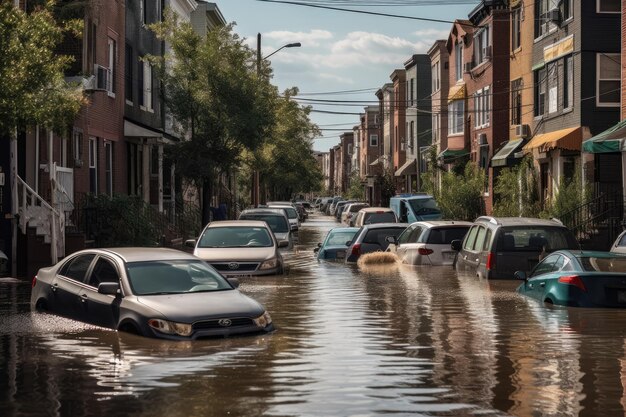 Overstroomde stedelijke buurten chaos ondergedompelde huizen onbeweeglijke auto's generatieve IA