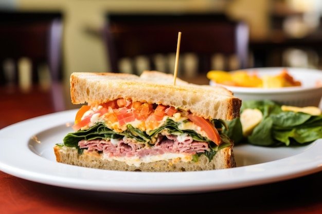 Overstuffed sandwich on a plate with no bites taken