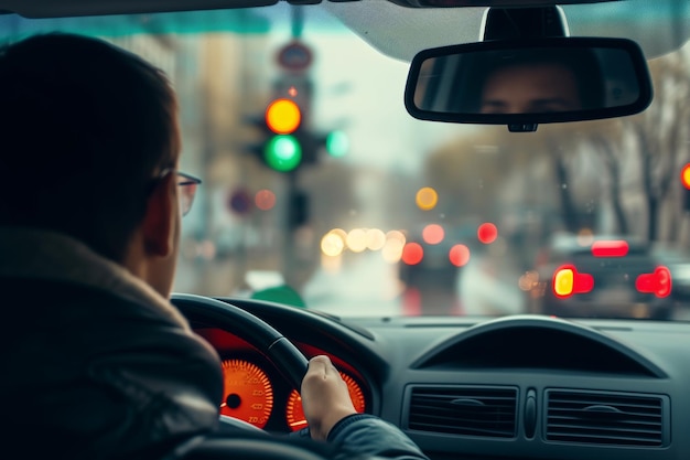 Overtheshoulder shot of a driver facing traffic lights