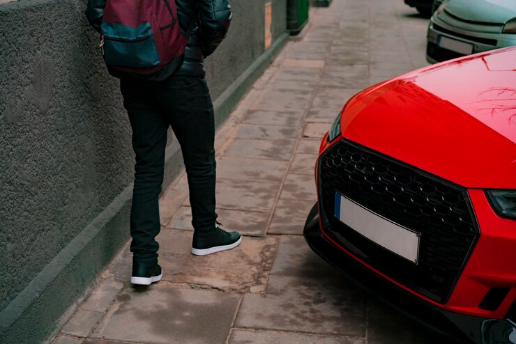 Overtreding van verkeersregels. Een kerel die op de stoep loopt waar de rode auto te dicht bij het gebouw parkeerde