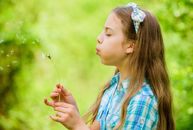 Overtuigingen over paardenbloem. Meisje wens maken en paardebloem natuur achtergrond blazen. Waarom mensen wensen op paardebloemen. Zomer vieren. Dromen komen uit. Paardebloem volledige symboliek. Zomers plezier.