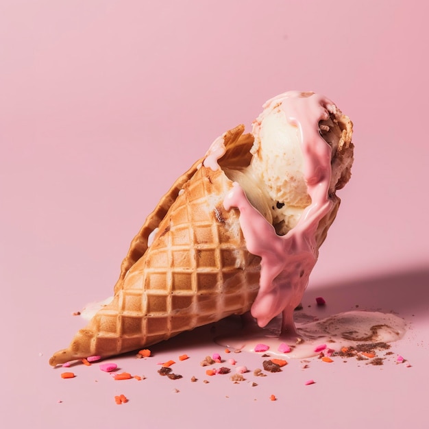 Перевернутый конус вафли с расплавленным мороженым на розовом фоне генерирует ai