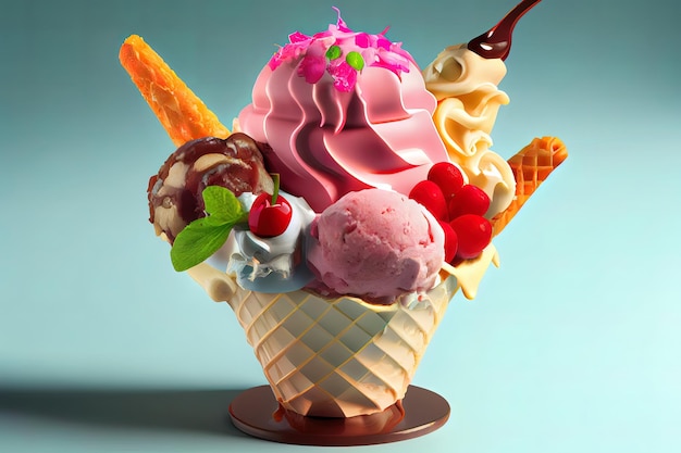 An overturned waffle cone with melted ice cream on a pink background