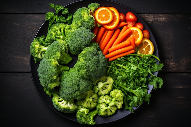 Overview of healthy meal with brocoli and carrots on a black plate on gray table