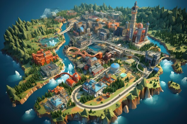 Overview map of a theme park in isometric style professional advertising photography