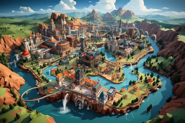 overview map of a theme park in isometric style professional advertising photography