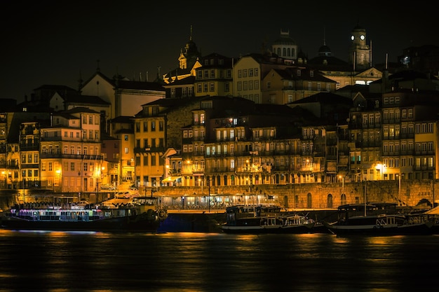 Overview of Old Town of Porto Portugal at night