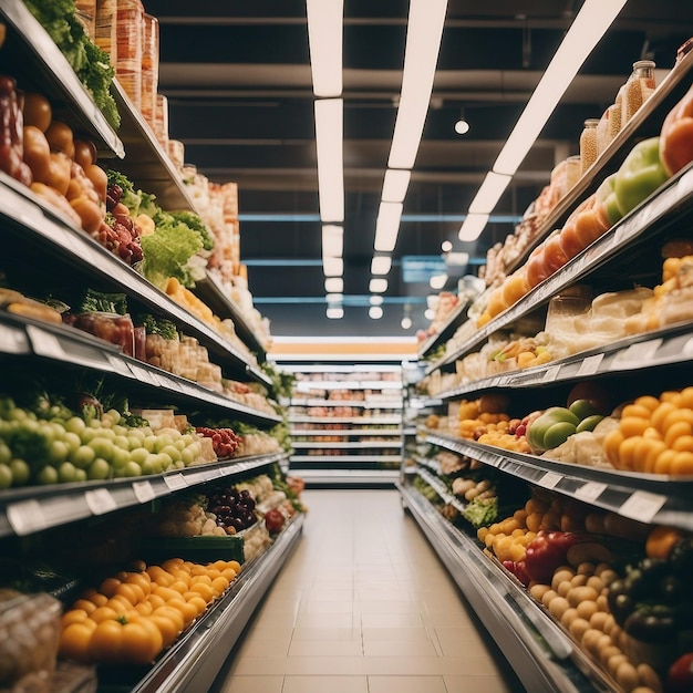 Overvloed aan gezonde voedingskeuzes in de gang van de supermarkt gegenereerd door AI