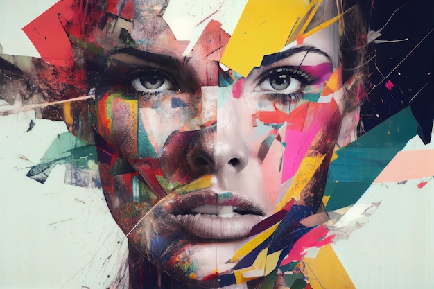 Overvloed aan kleuren en texturen in collagegezicht met eigenzinnige uitdrukkingen