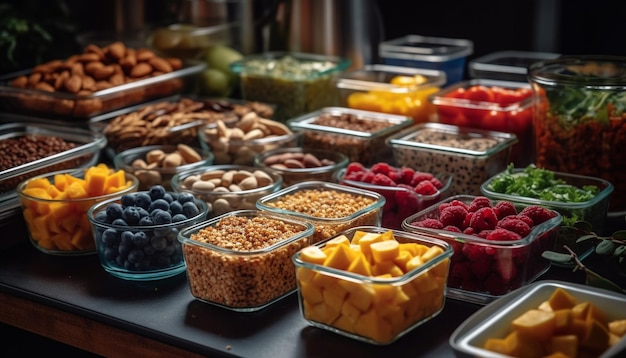 Foto overvloed aan verse groenten en fruit op tafel gegenereerd door ai