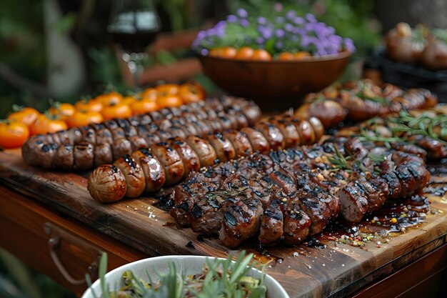 Overvloedig vlees en groenten op een houten tafel