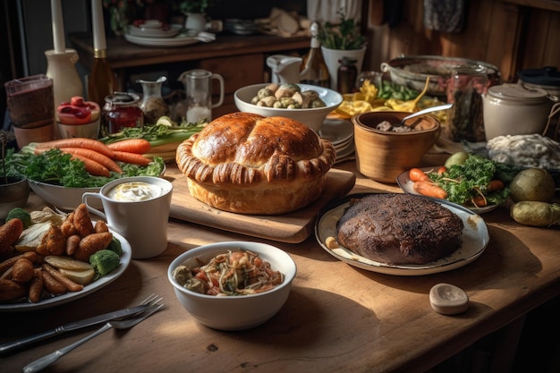 Overvloedig zelfgemaakt feest smakelijke kleuren gezellige keuken generatieve IA