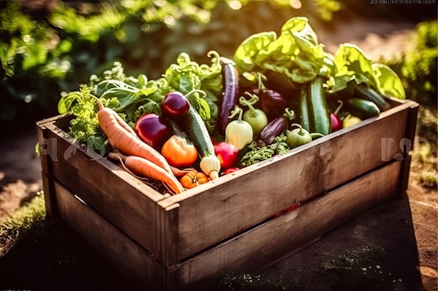 Overvloedige oogst Diverse verse groenten in een houten kist Generatieve AI