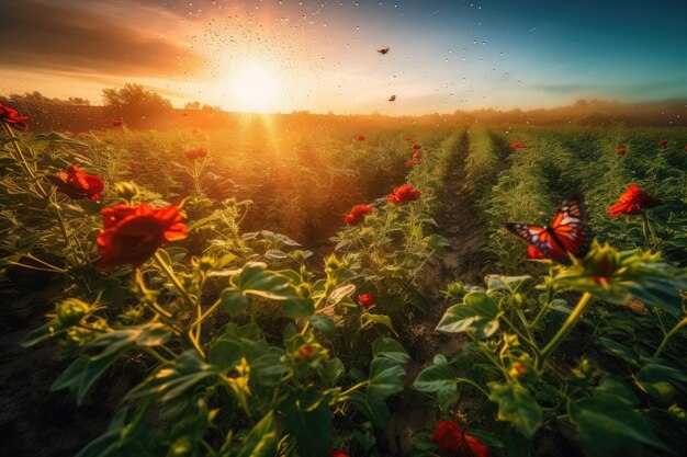 Overvloedige tomaten vlinders en dansende kleuren Zacht en levendig generatieve IA