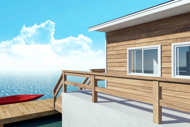 Overwater modern bungalowresort voor vakantie met boot, het 3D Teruggeven