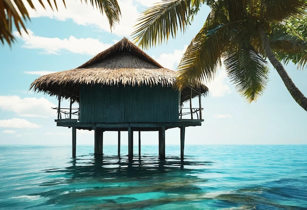 Overwaterhut in de tropen Een eenzame overwaterhut met een rieten dak in het heldere tropische water