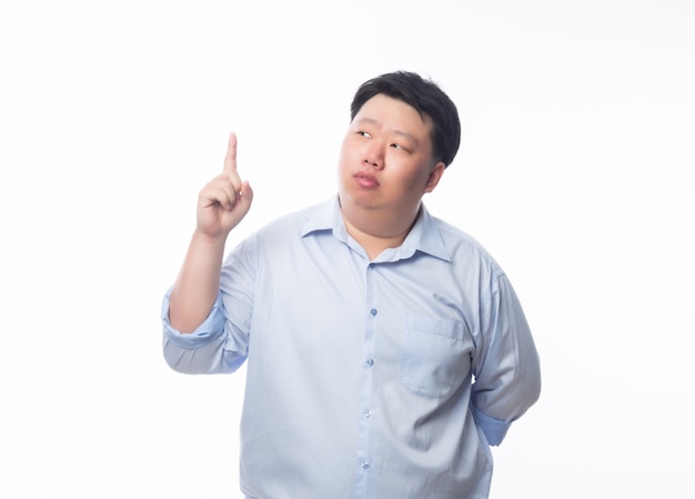 Overweight asian man in a shirt on white background