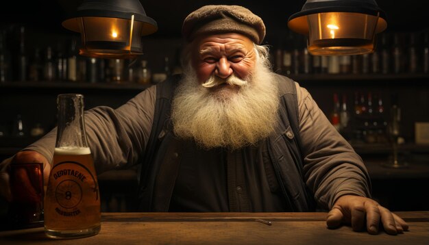 overweight bar tender standing behind the bar in a pubOne beer glass on the barhands on head