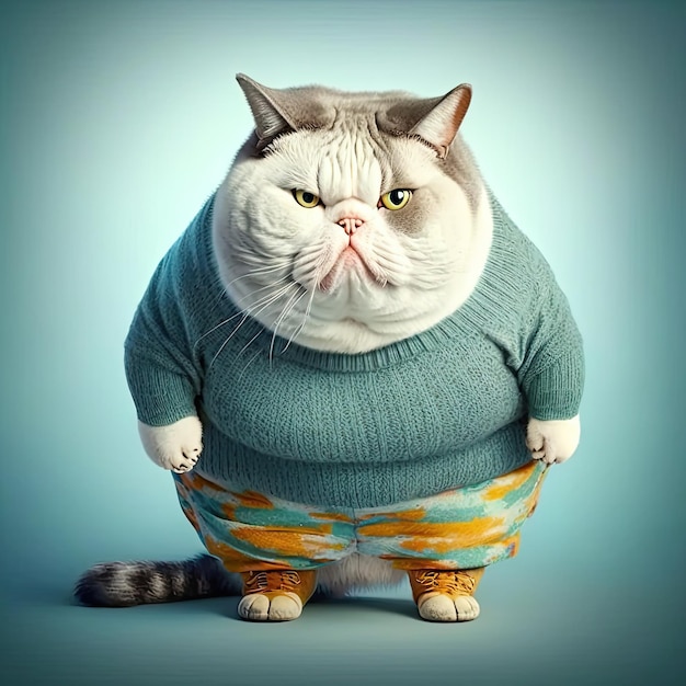 Photo overweight cat wearing clothes on a colored background generative ai