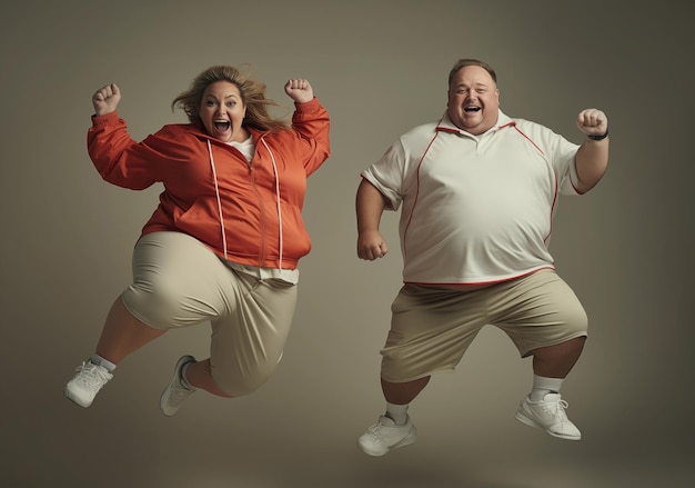 Overweight couple jumping in studio shot