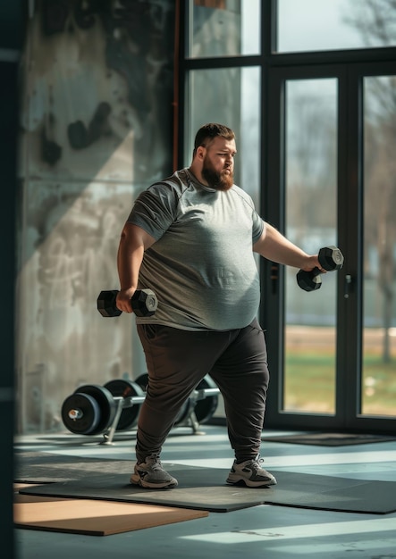 Overweight man exercises with dumbbells in the gym