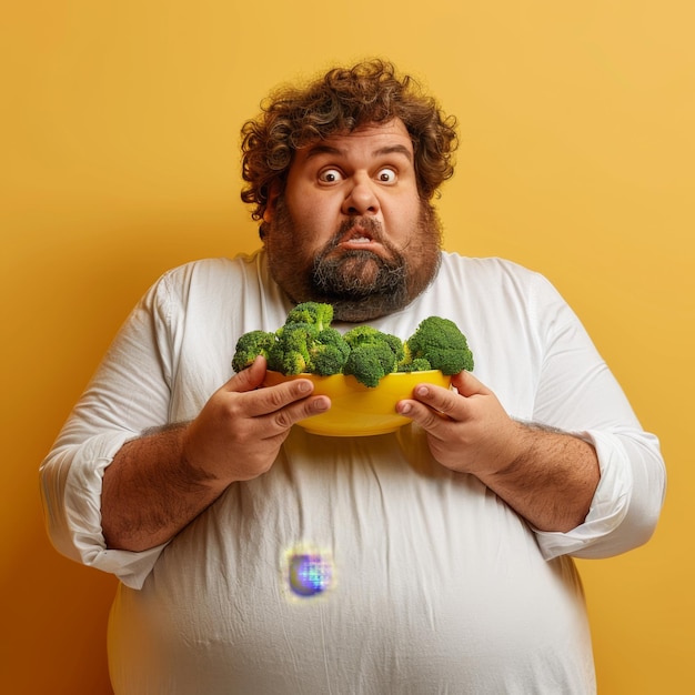 Overweight Man Holding Broccoli Bowl Piece