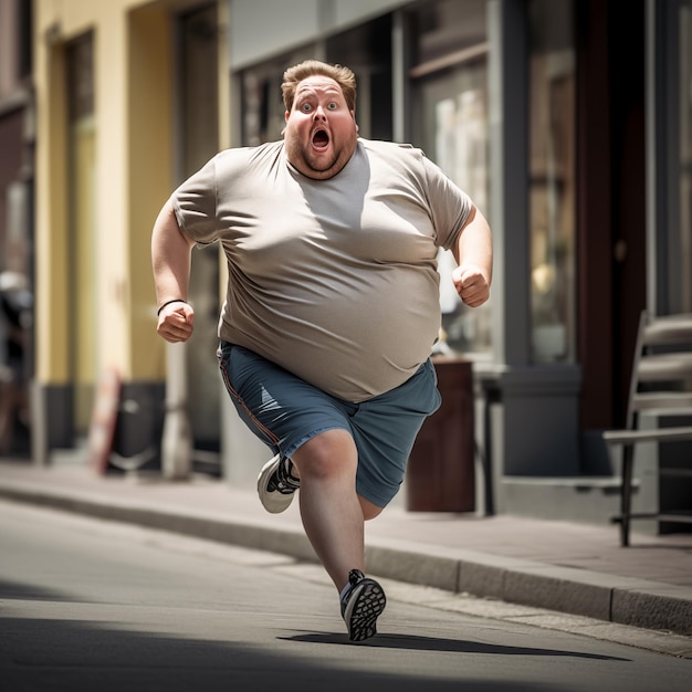 Overweight man jogging in morning through deserted city streets Comic enthusiastic chubby sportsman exercising for weight loss Generative AI