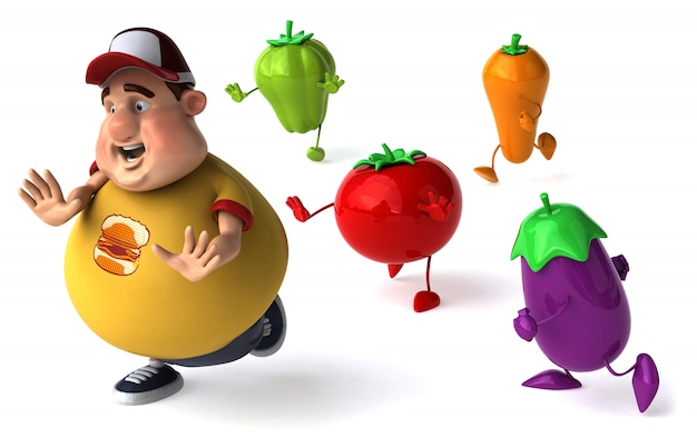 Overweight man running from vegetables