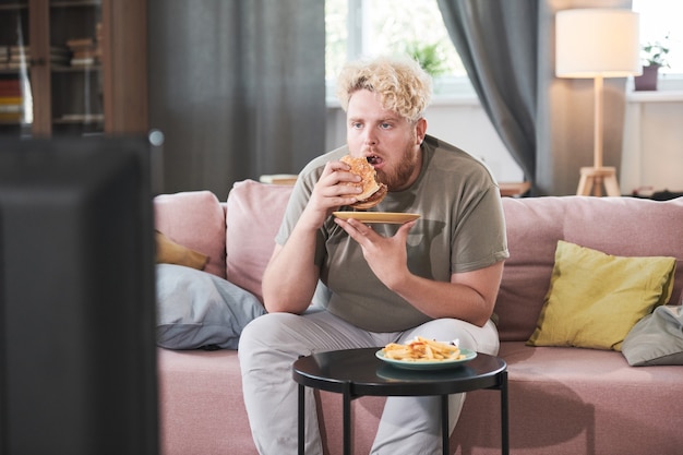 フライドポテトとハンバーガーを食べて、部屋のテレビで映画を見ているソファに座っている太りすぎの男...