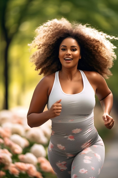 overweight middleaged woman jogging in the fresh air concept of losing weight healthy lifestyle