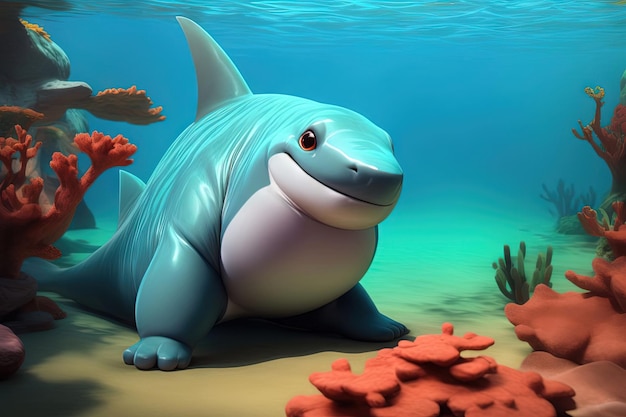 An Overweight obese smiling shark cute fat animal illustration generative ai