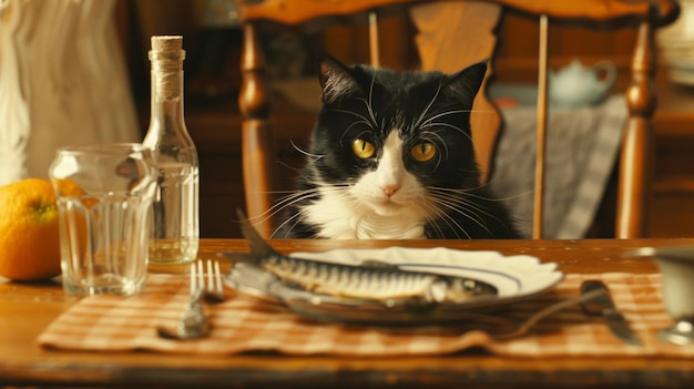 ダイニングテーブルに座って新鮮に調理した魚の皿を熱心に眺めている太ったスモーキドの猫