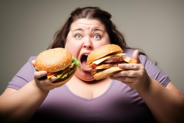 Overweight woman eating fast food Generate Ai