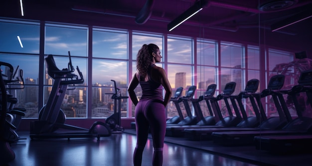 Overweight woman in a gym in purple tones Body positivity