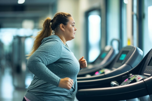 과체중인 여성이 체육관에서 런닝머신을 달리고 있습니다.