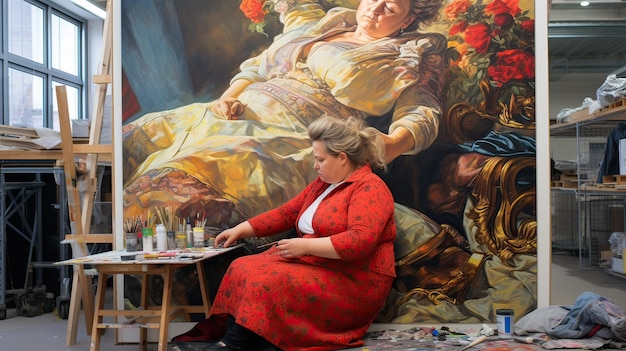 写真 太りすぎの女性が座って左側の大きな油絵に自画像を描いている