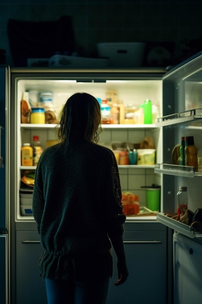 Photo overweight woman seen from back in front of fridge eating disorder overeating junk food ai generated