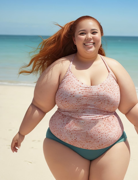 Photo overweight woman smiling in may on the beach