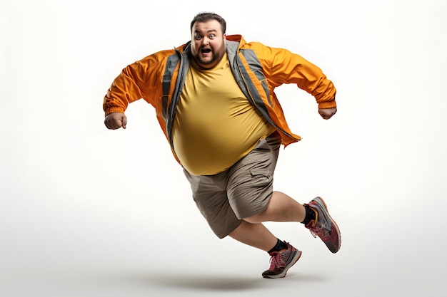 Overweight young adult caucasian man running on white background concept of overweight and weight