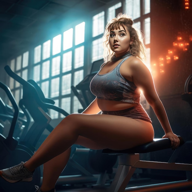 Overweight young woman exercising in the gym