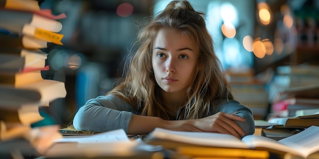 Foto overweldigd voelen vrouw omringd door papierwerk stressvol werken of studeren laat concept werklevenbalans stressbeheersing overwinnen overweldigde late nacht productiviteit coping strategieën