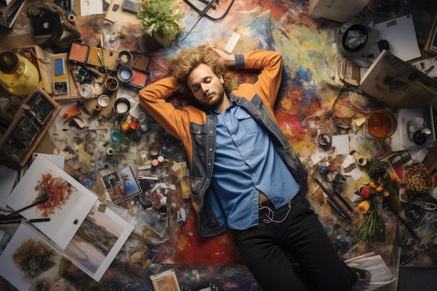 Overwerkte jonge Scandinavische mannelijke kunstenaar die op de vloer ligt die vol is met kunstwerkapparatuur