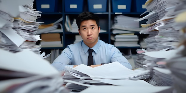 Photo overwhelmed asian office worker surrounded by paperwork in cluttered office concept work overload office chaos stressful work environment