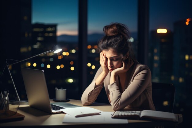 Overwhelmed and Burnt Out Portrait of a PhotoStressed Businesswoman Deep in Thought at Her LateNi