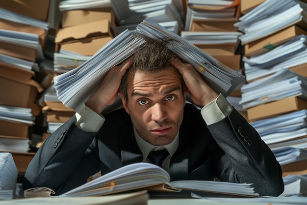 Photo overwhelmed businessman buried in paperwork the struggle with office administration chaos