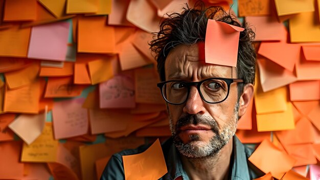 Photo overwhelmed businessman surrounded by sticky notes trying to multitask and stay organized concept stressful work environment multitasking challenges office chaos sticky note overload